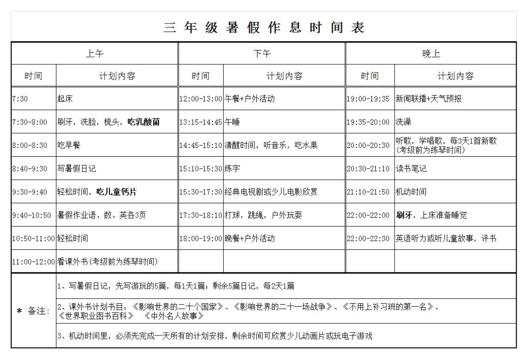 小学三年级暑假计划表模板,小学三年级暑假作息时间表