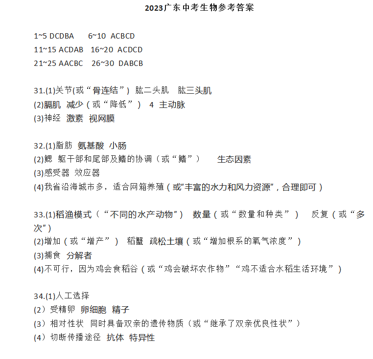 2023年广东中考生物试卷真题及答案