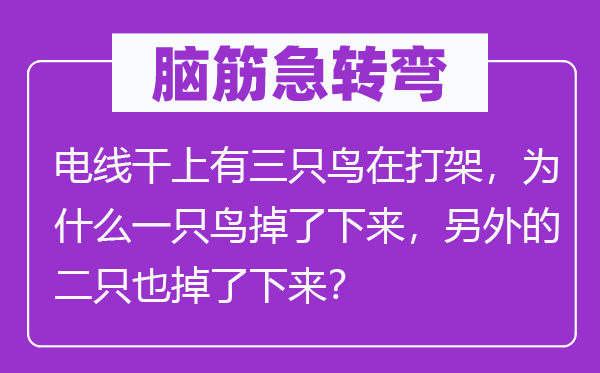 脑筋急转弯：电线干上有三只鸟在打架，为什么一只鸟掉了下来，另外的二只也掉了下来？