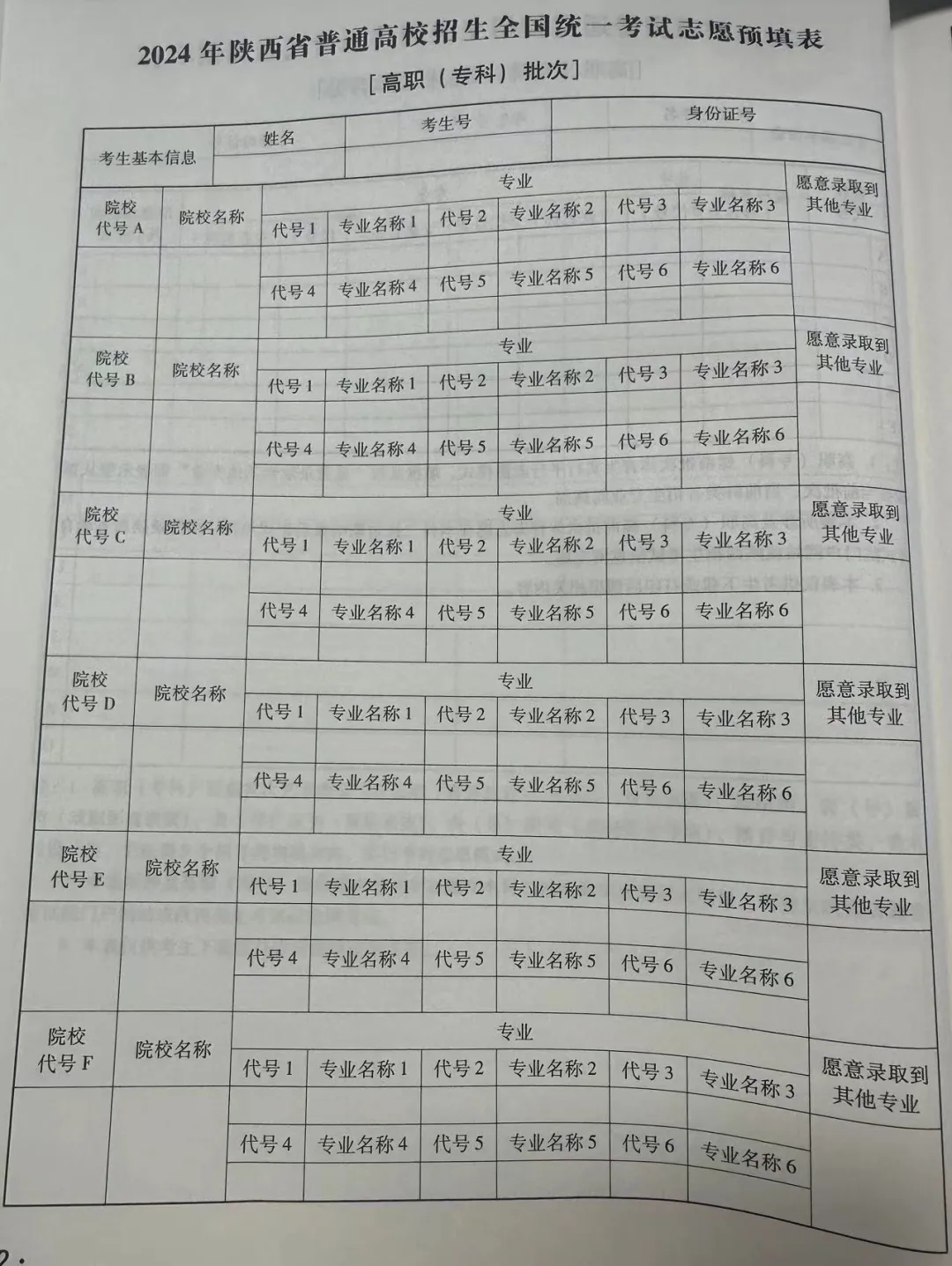 2024年陕西高考志愿表填写样本（附填报时间和入口）