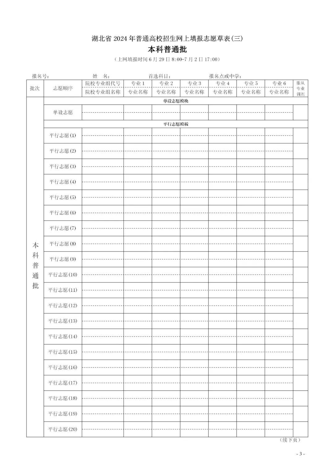2024年湖北高考志愿表填写样本（附填报时间和入口）