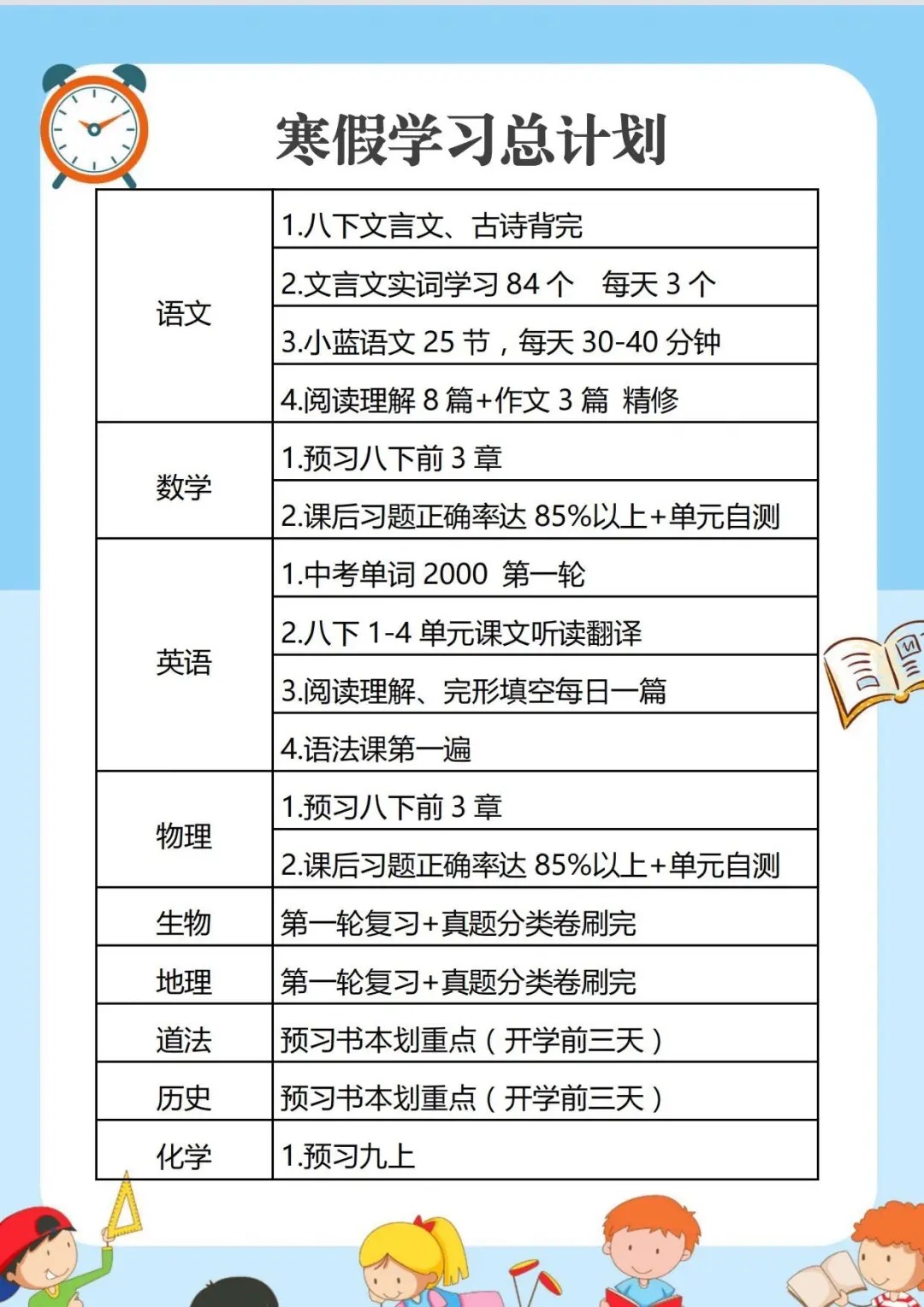 简单实用的初二寒假学习计划表,八年级寒假作息时间表