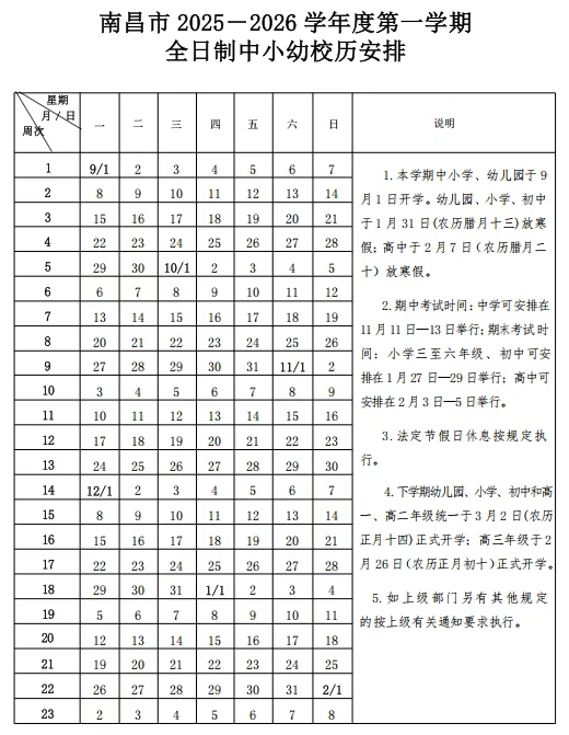 2026年南昌市中小学寒假放假时间表,1月31日开始放假