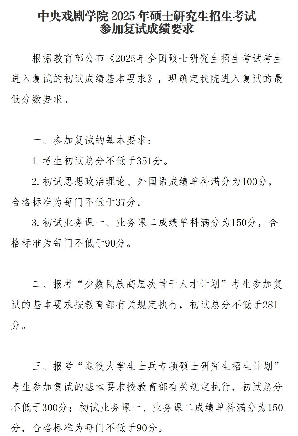 中央戏剧学院2026考研分数线一览表(含2025年复试线)