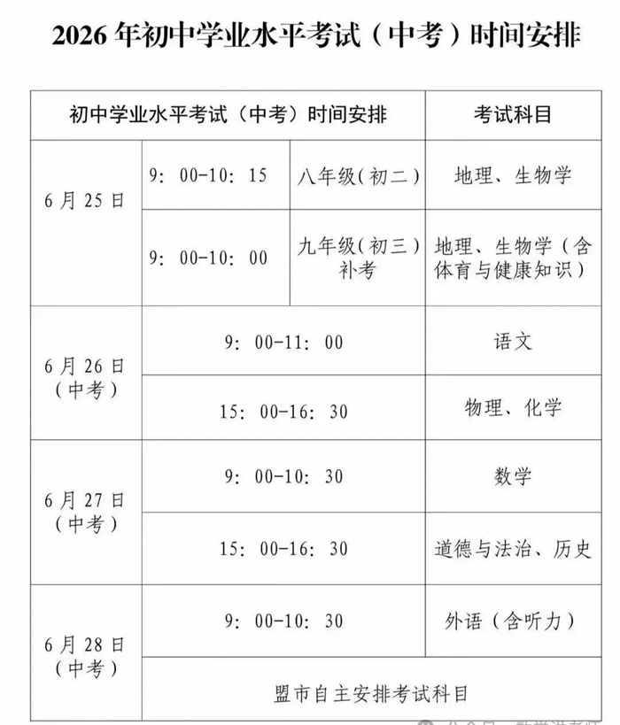 2026年内蒙古中考时间及具体科目时间安排一览表（12盟市完整版）