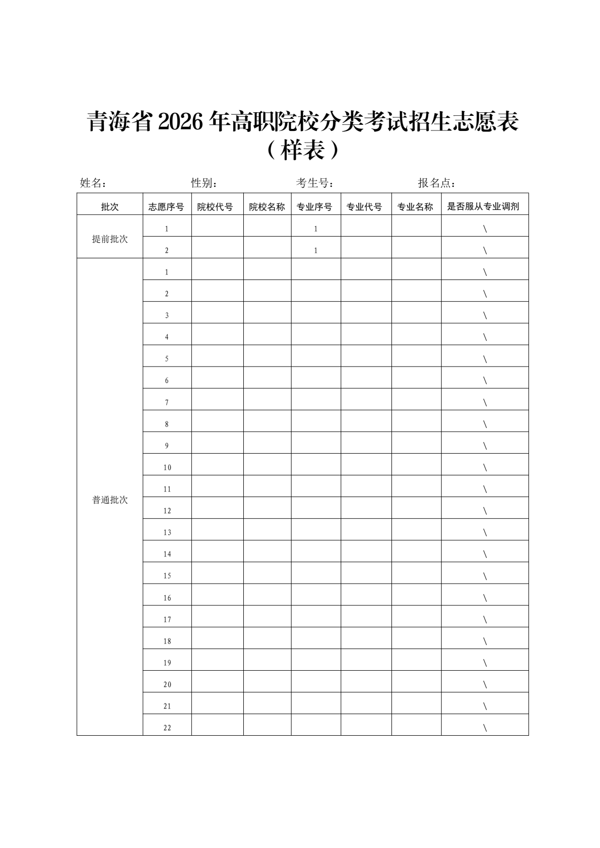 2026青海高考志愿填报表样表正式版（附志愿填写样本）