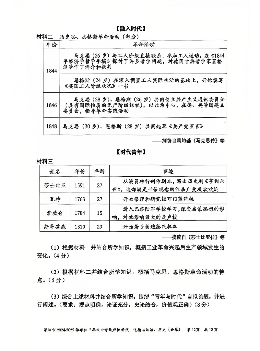 2026年深圳中考历史试卷真题及答案