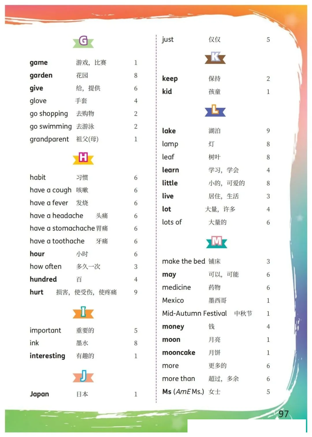 仁爱科普版五年级上册英语教材课后单词表/词汇表(完整版)