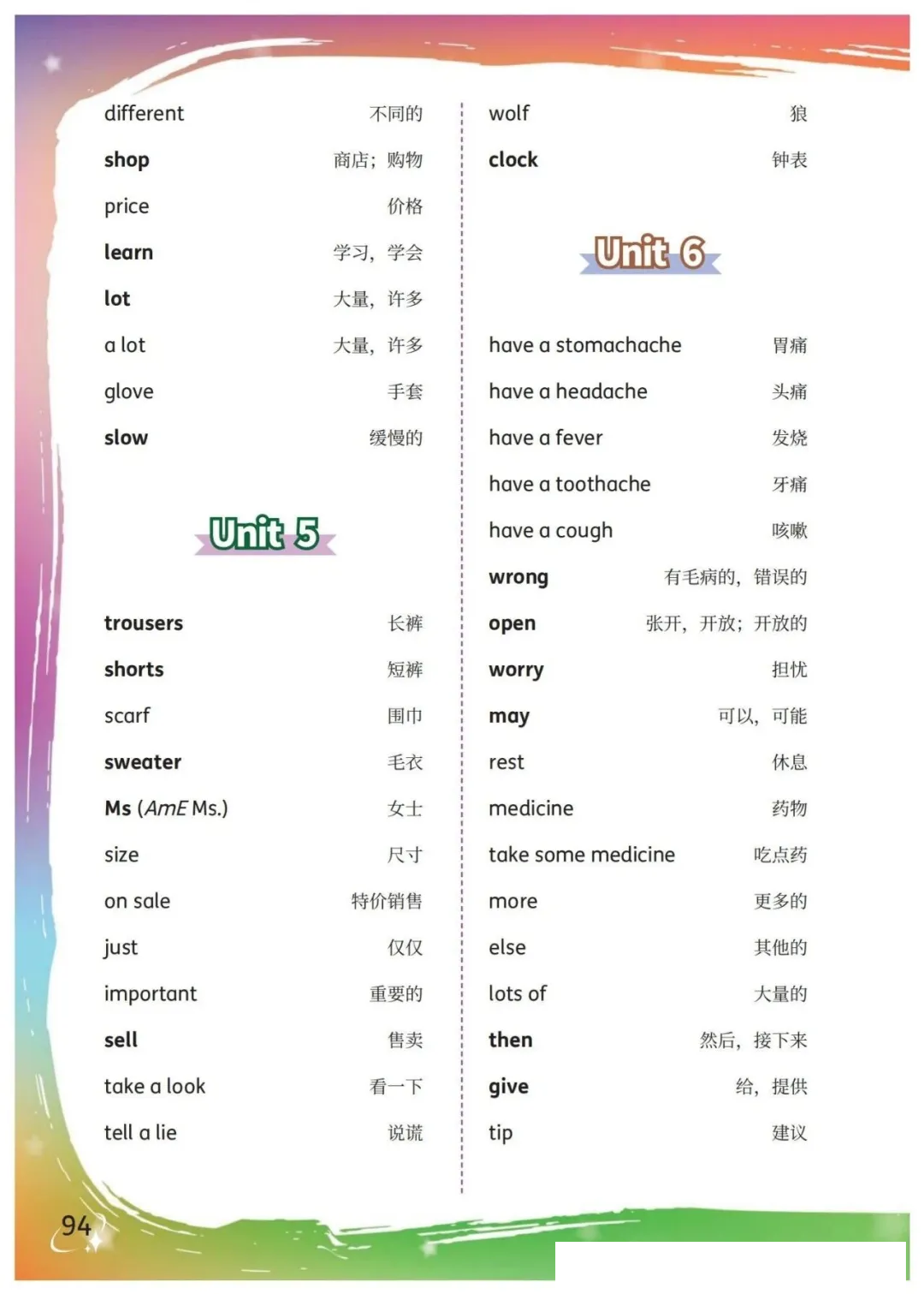 仁爱科普版五年级上册英语教材课后单词表/词汇表(完整版)