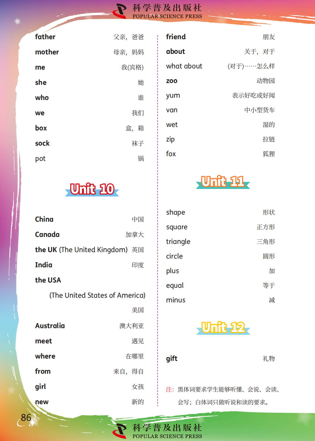 科普版三年级上册小学英语单词表1-12单元完整版