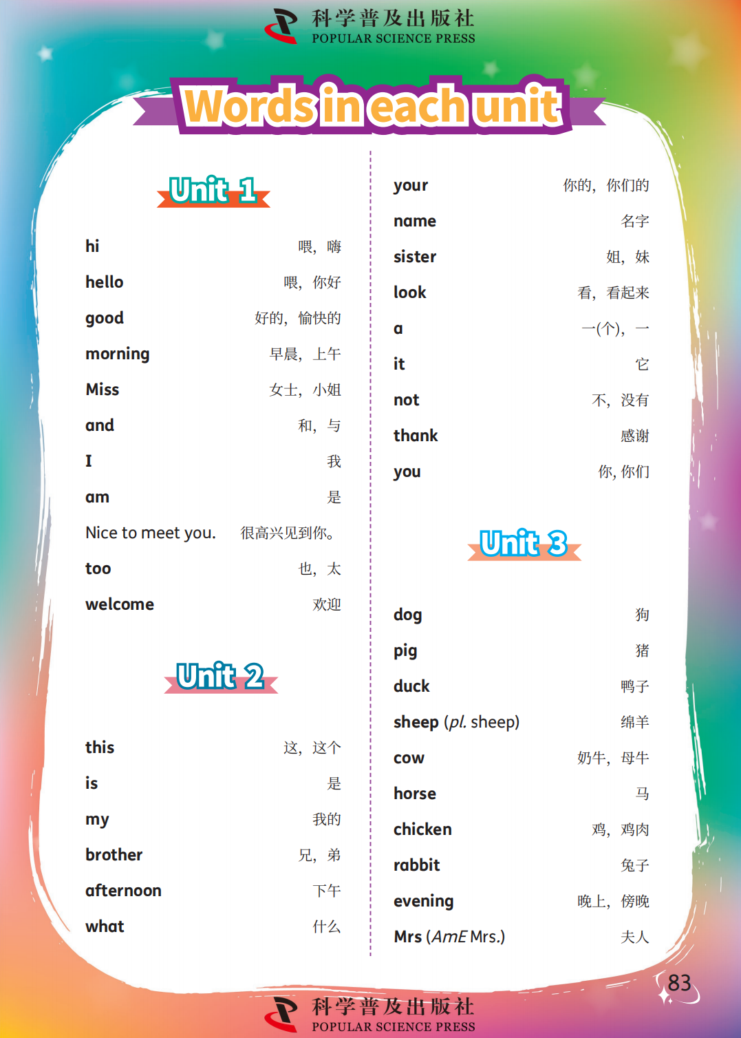 科普版三年级上册小学英语单词表1-12单元完整版