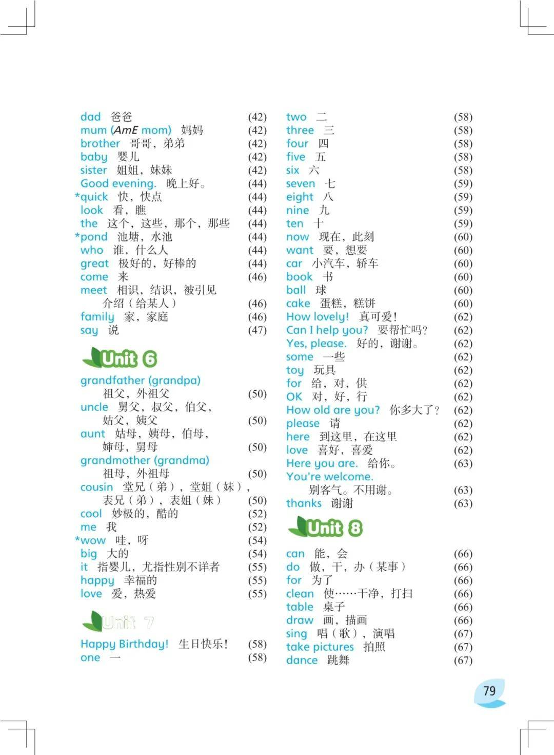 译林版三年级上册小学英语课后单词表/词汇表