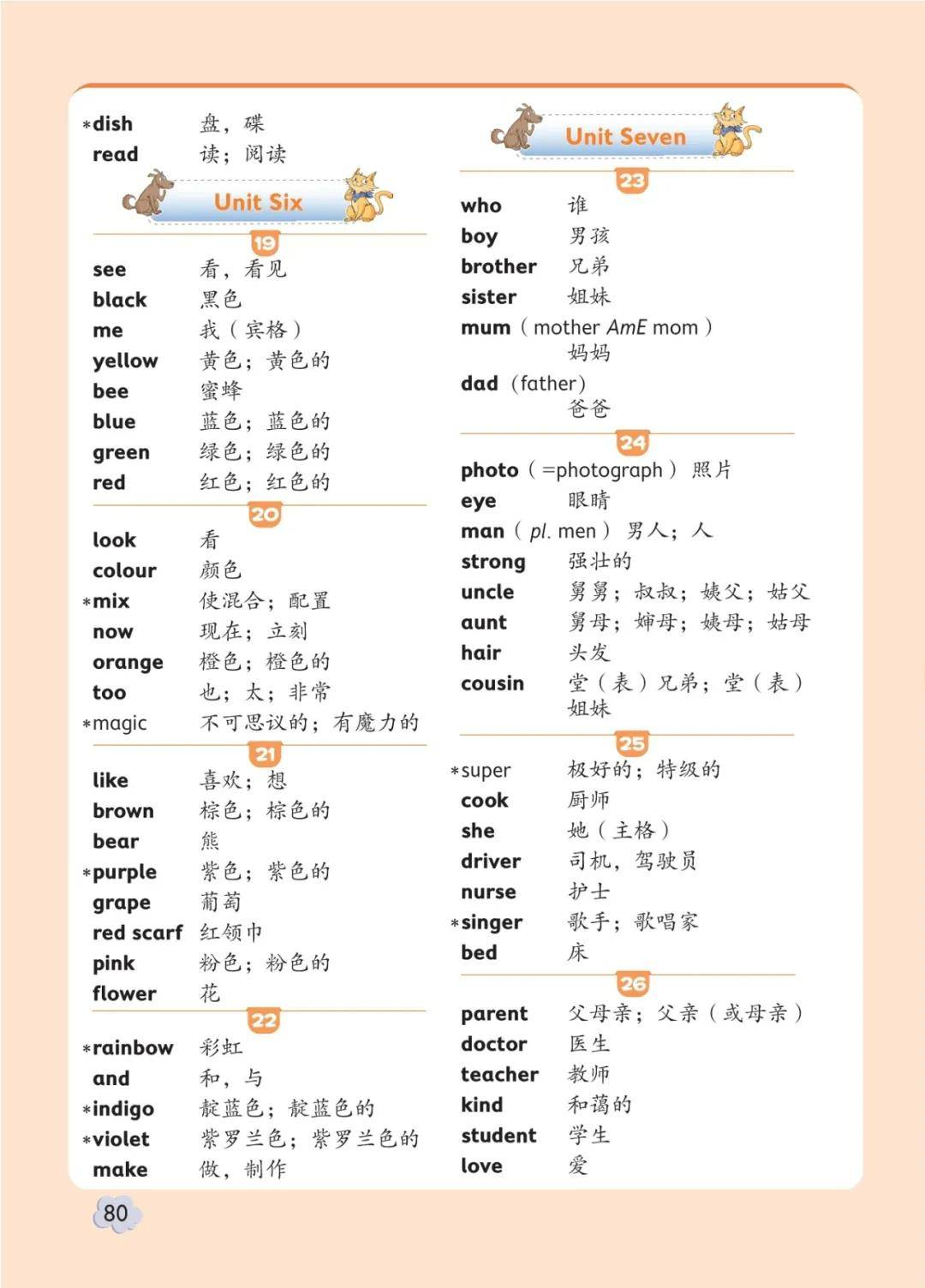 北京版小学英语三年级上册课后单词表/词汇表