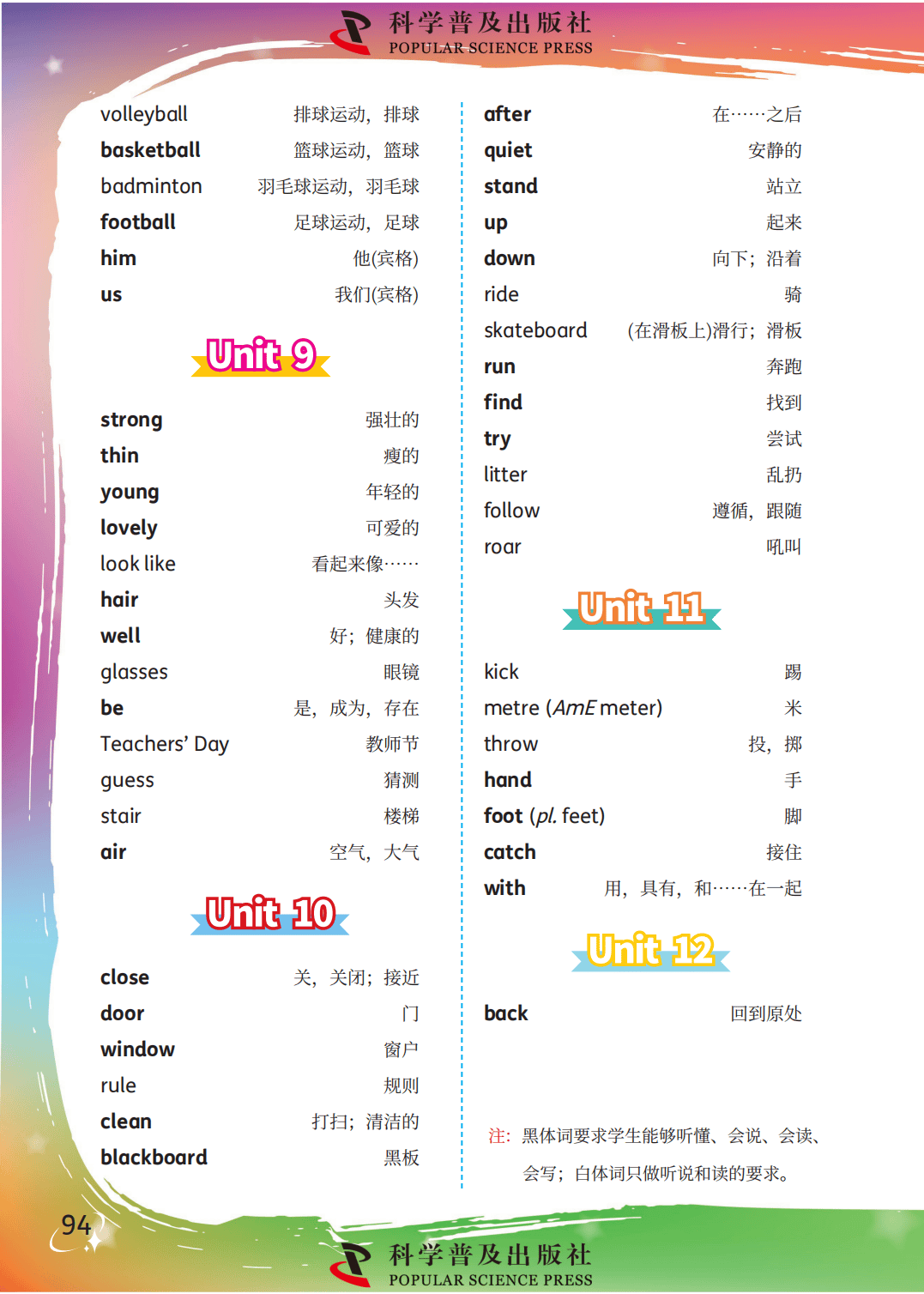 科普(仁爱)版小学英语四年级上册1-12单元单词表