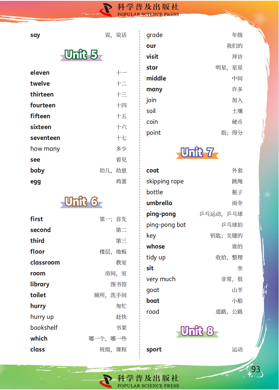 科普(仁爱)版小学英语四年级上册1-12单元单词表
