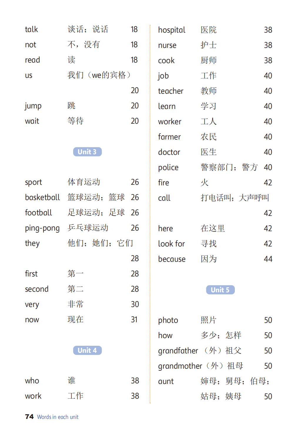 冀教版小学英语四年级上册单词表/词汇表完整版