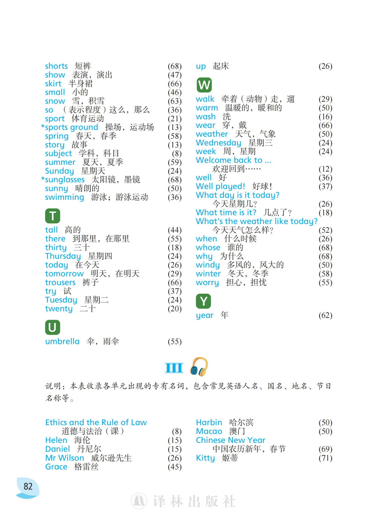 译林版小学四年级上册课后英语单词表
