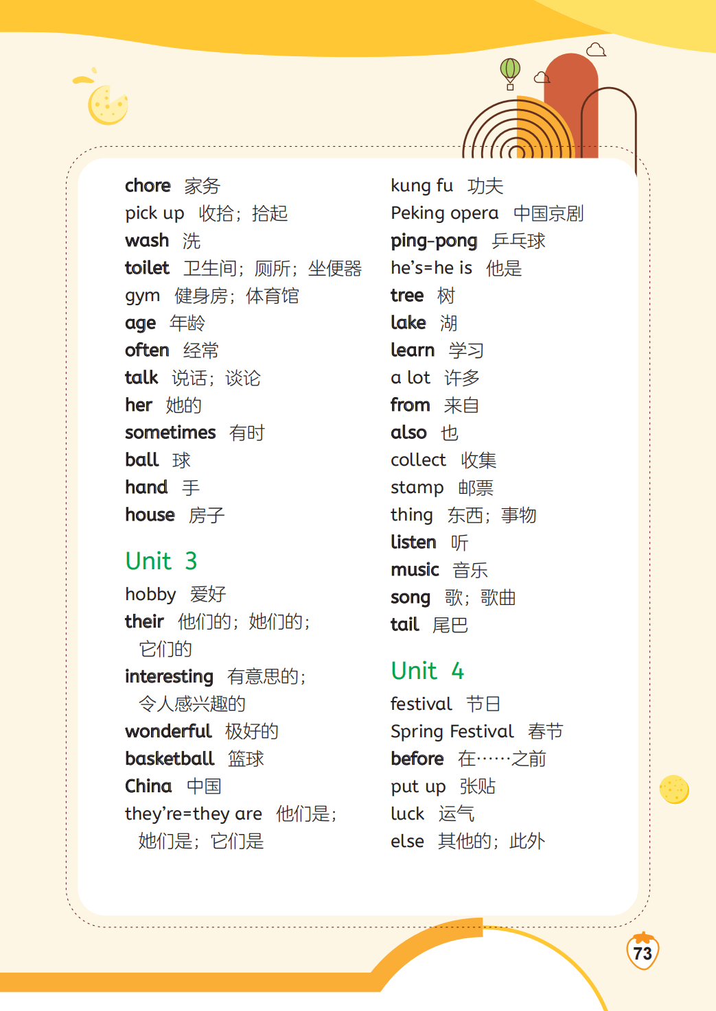 闽教版四年级上册英语单词表/词汇表（1-4单元）