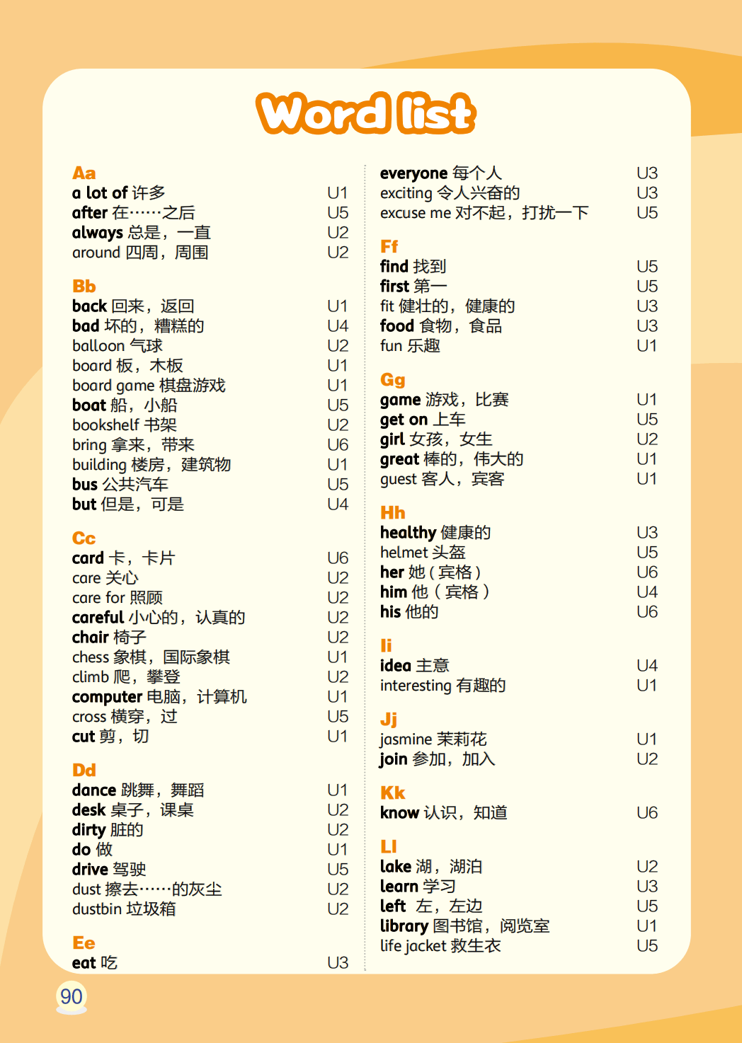 辽师大版四年级上册小学英语单词表(Unit1-6)