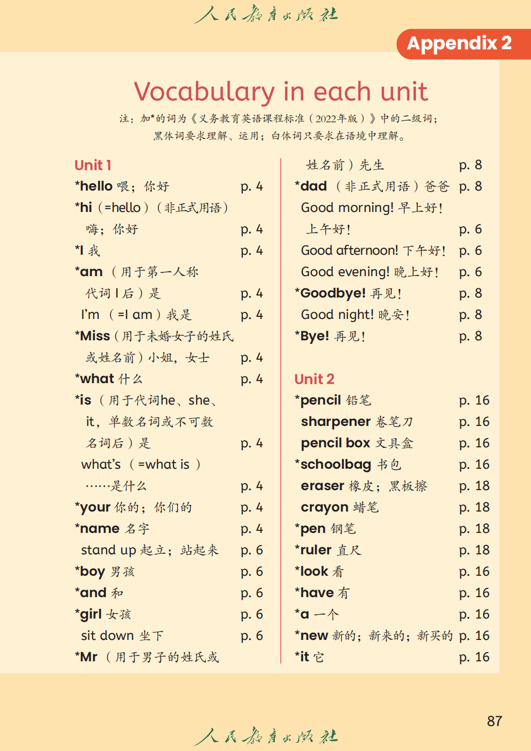 人教精通版三年级上册英语单词表/词汇表