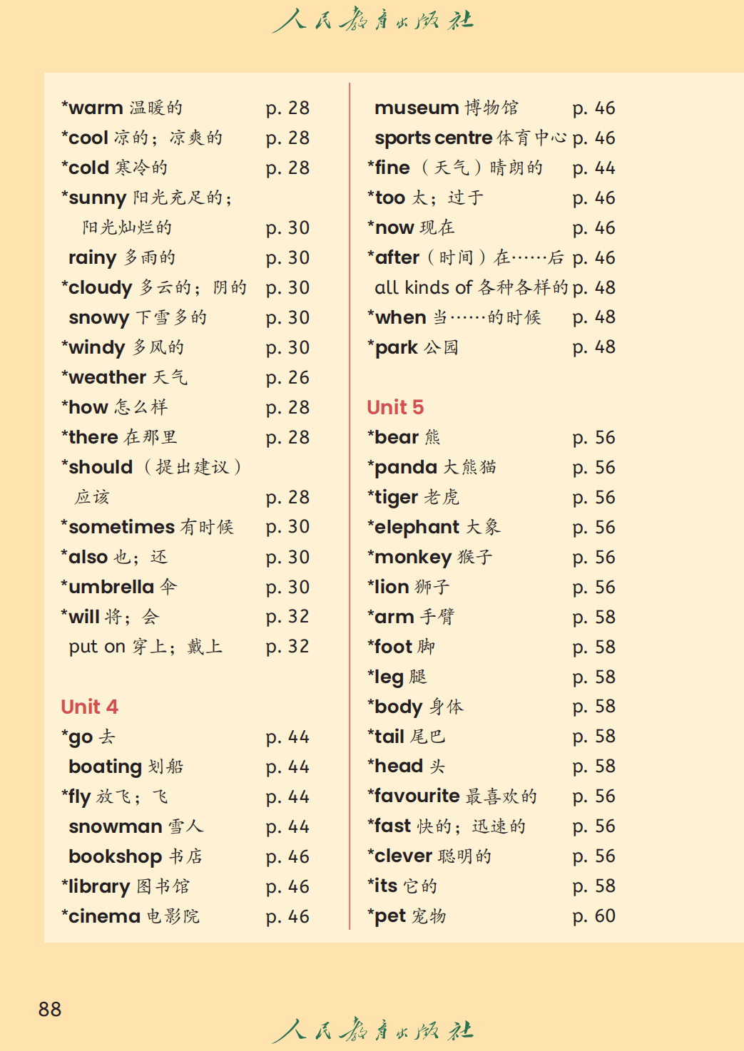 人教精通版四年级上册英语单词表/词汇表