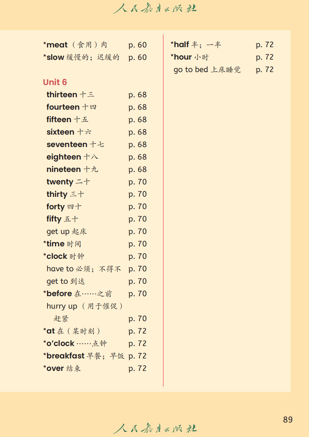 人教精通版四年级上册英语单词表/词汇表