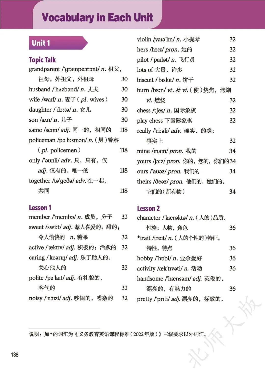 北师大版七年级上册初一英语课后单词表/词汇表